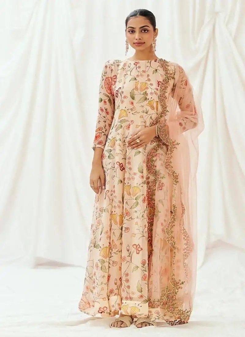 Multicolor printed organza anarkali