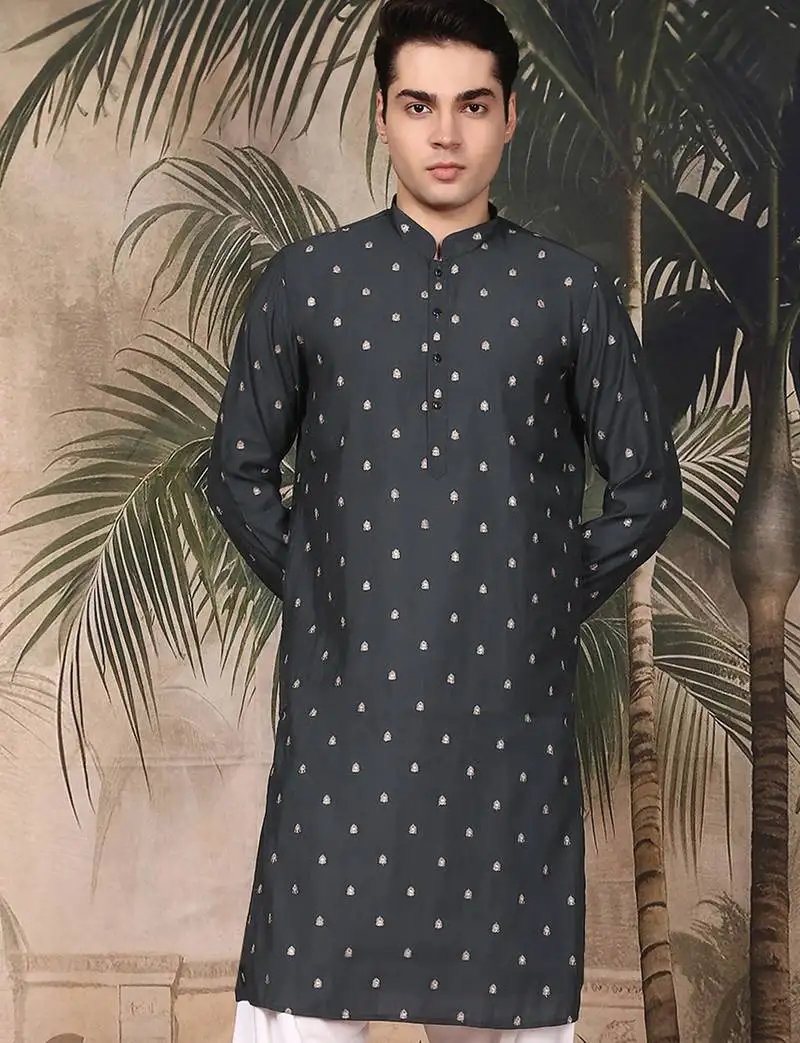 Grey silk blend embroidred kurta for men