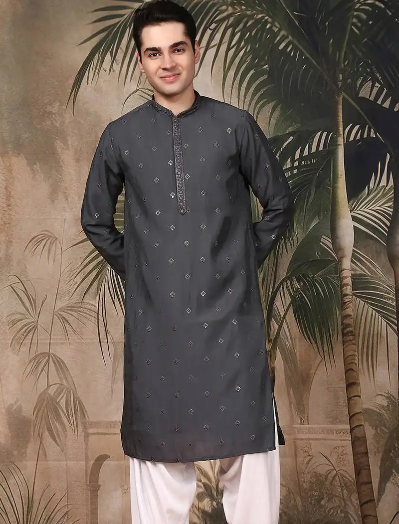 Grey silk embroidred kurta for men