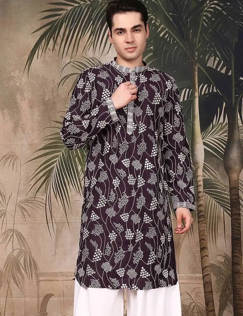 Purple silk embroidred kurta for men