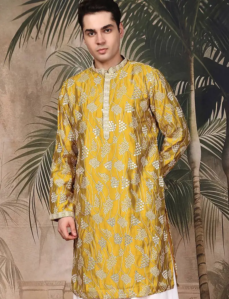 Mustard silk embroidred kurta for men