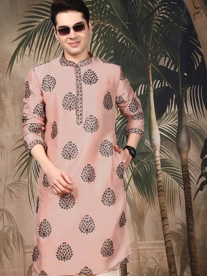 Peach silk embroidered kurta for men