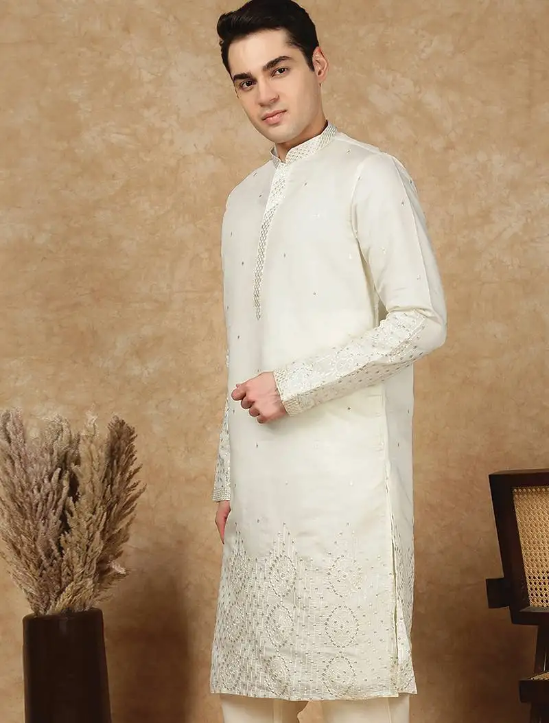 Cream rayon floral kurta for men