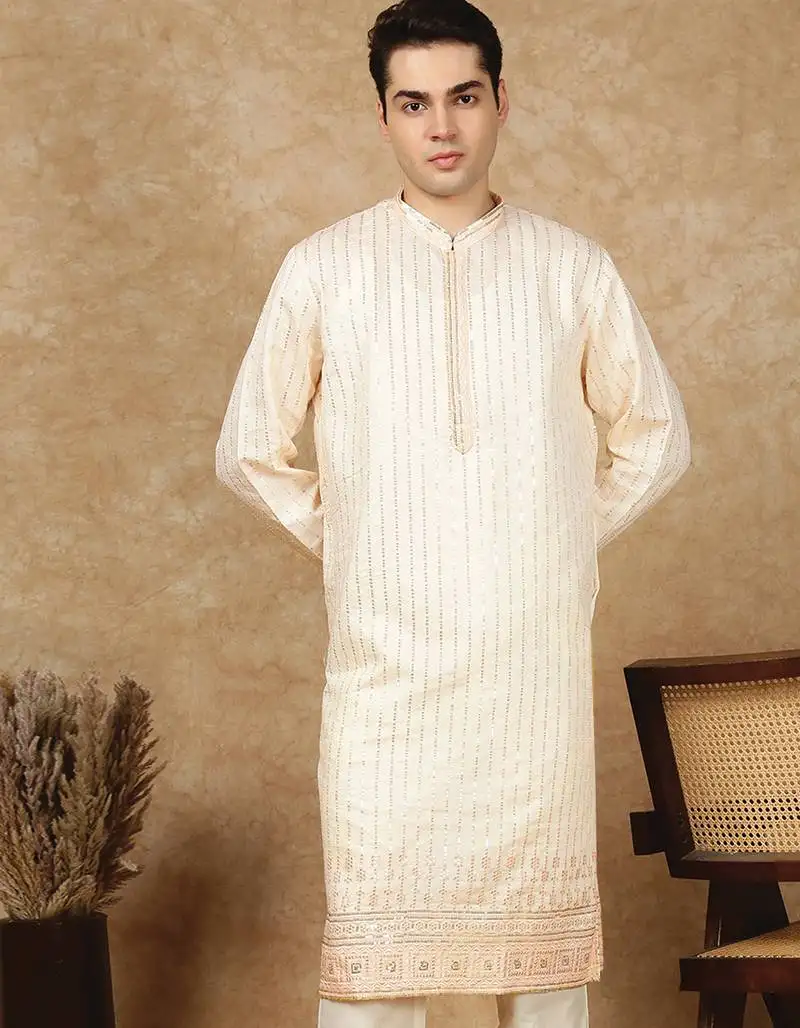 Beige rayon floral kurta for men