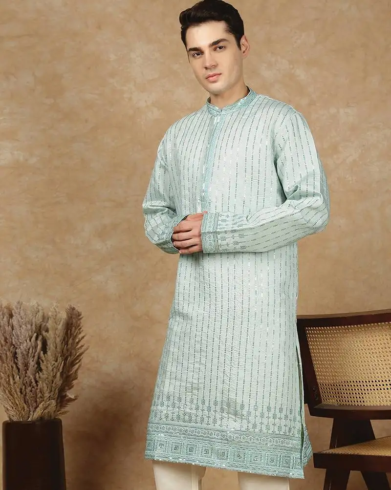 Green rayon floral kurta for men