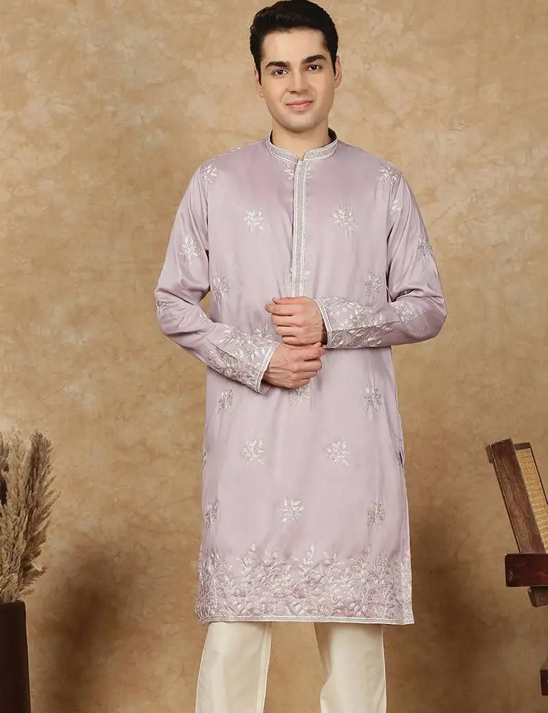 Pink rayon floral kurta for men