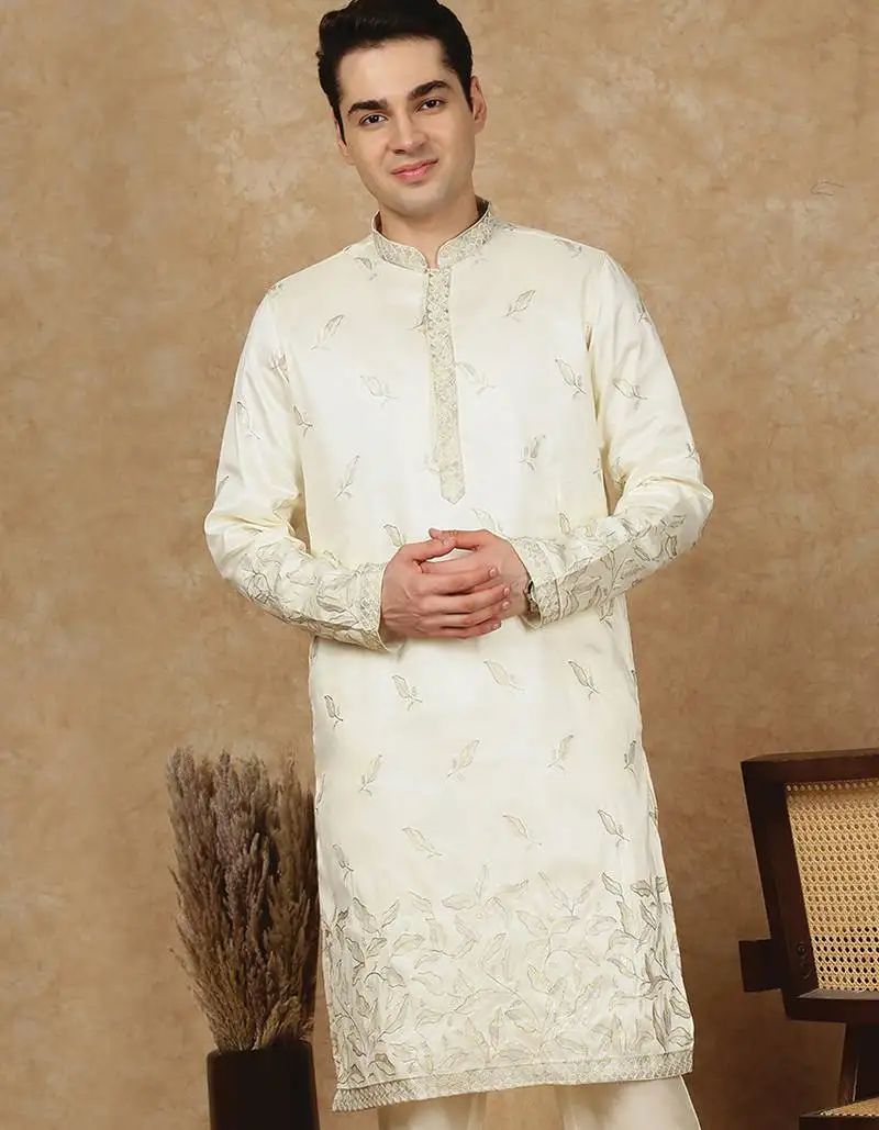 Cream polysilk sequins kurta for men