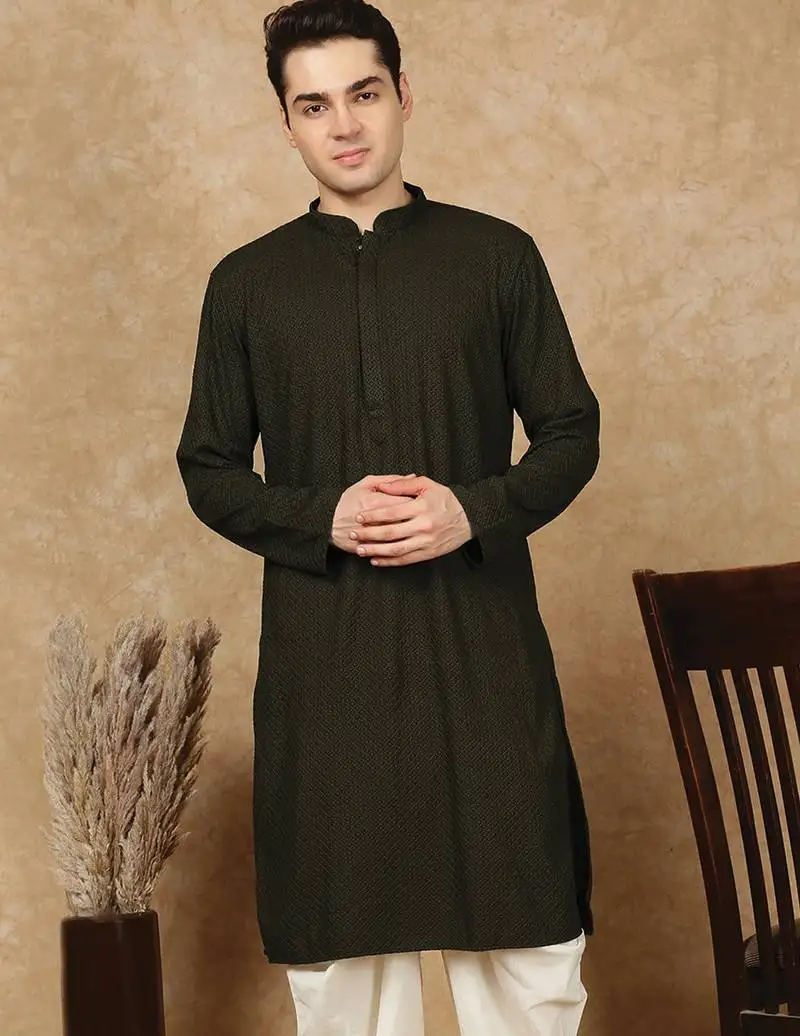 Green jaquard floral kurta for men