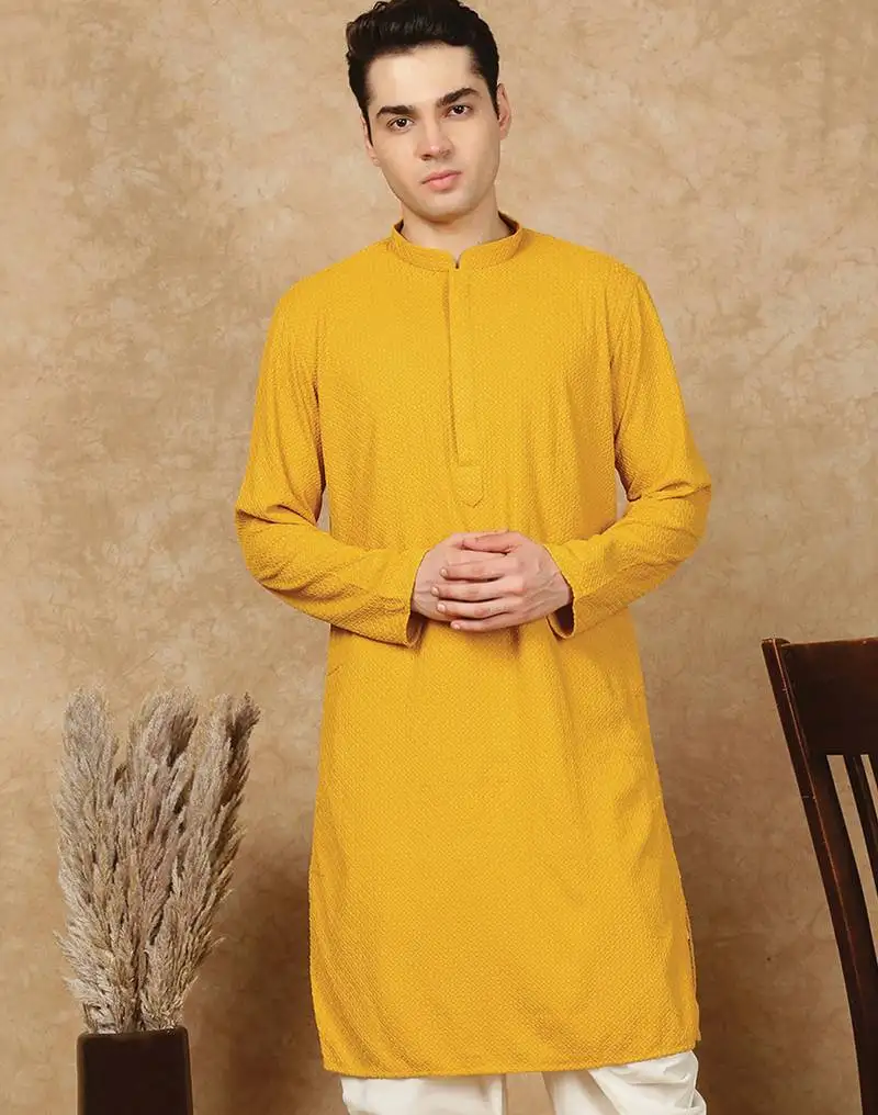 Mustard jaquard floral kurta for men