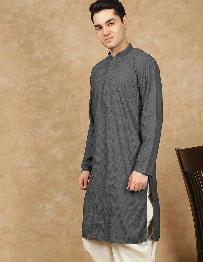Grey cotton blend solid kurta for men