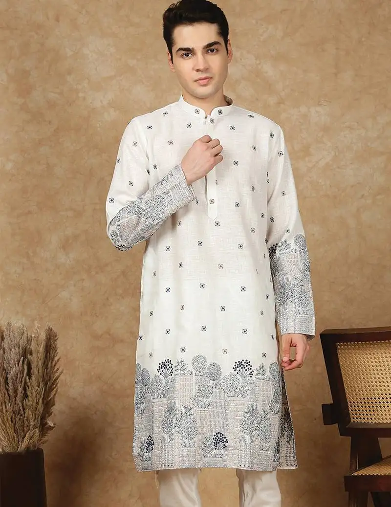 Off white cotton solid kurta for men