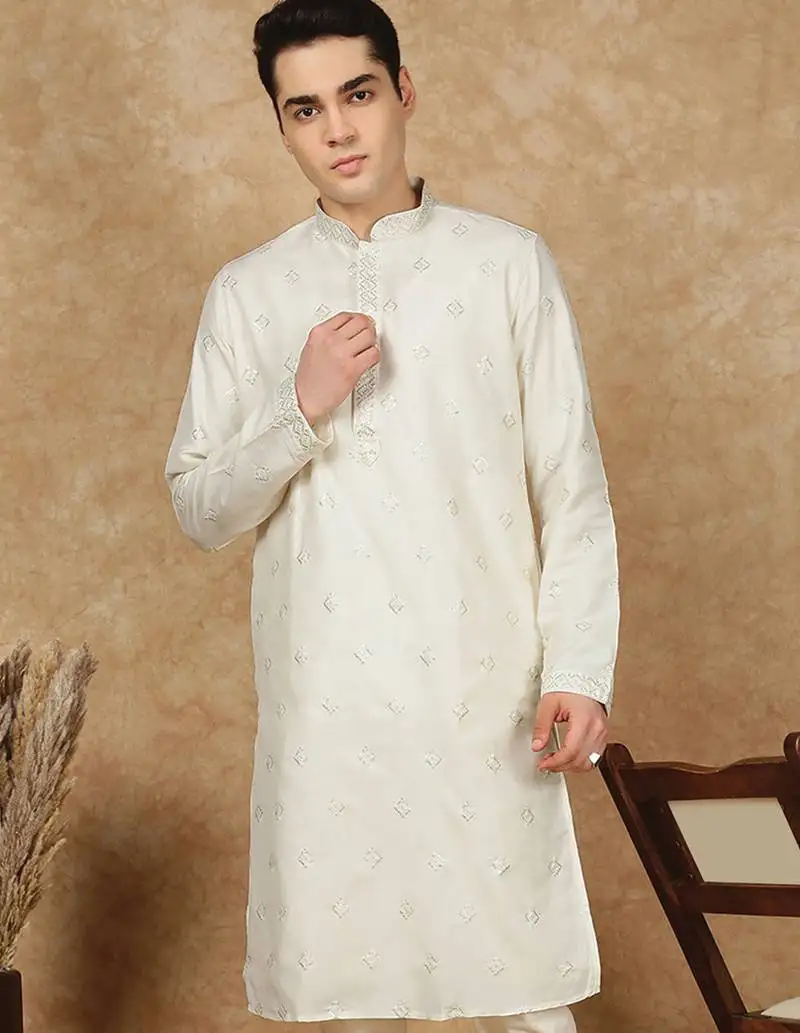 Cream cotton printed kurta for men