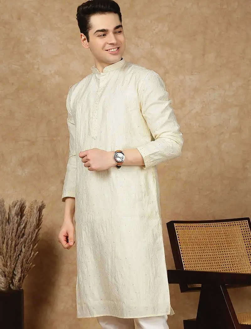 Off white cotton printed kurta for men