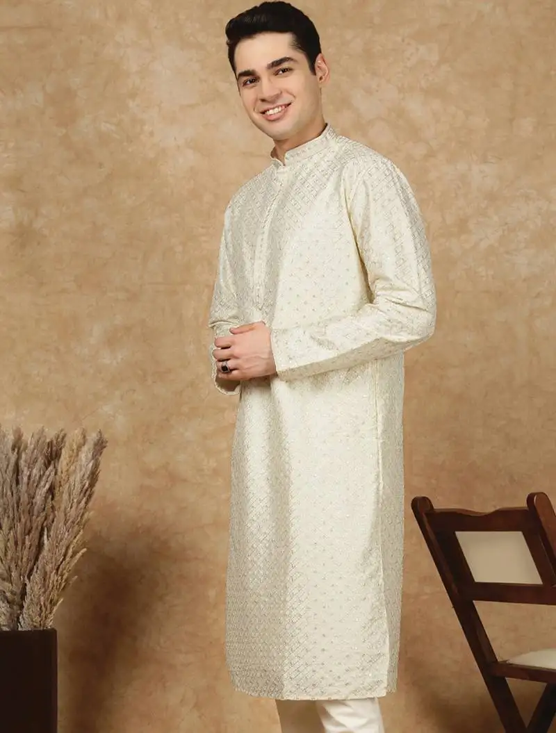Off white cotton embroidered kurta for men