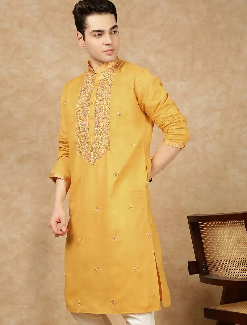 Mustard cotton floral kurta for men