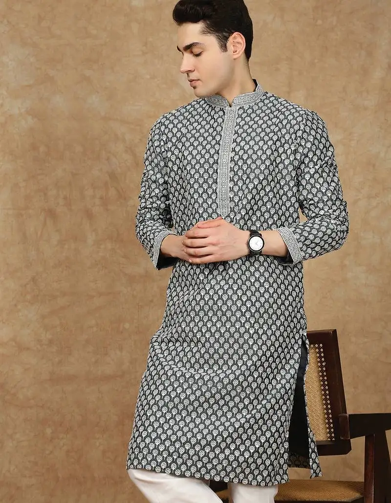 Black cotton floral kurta for men