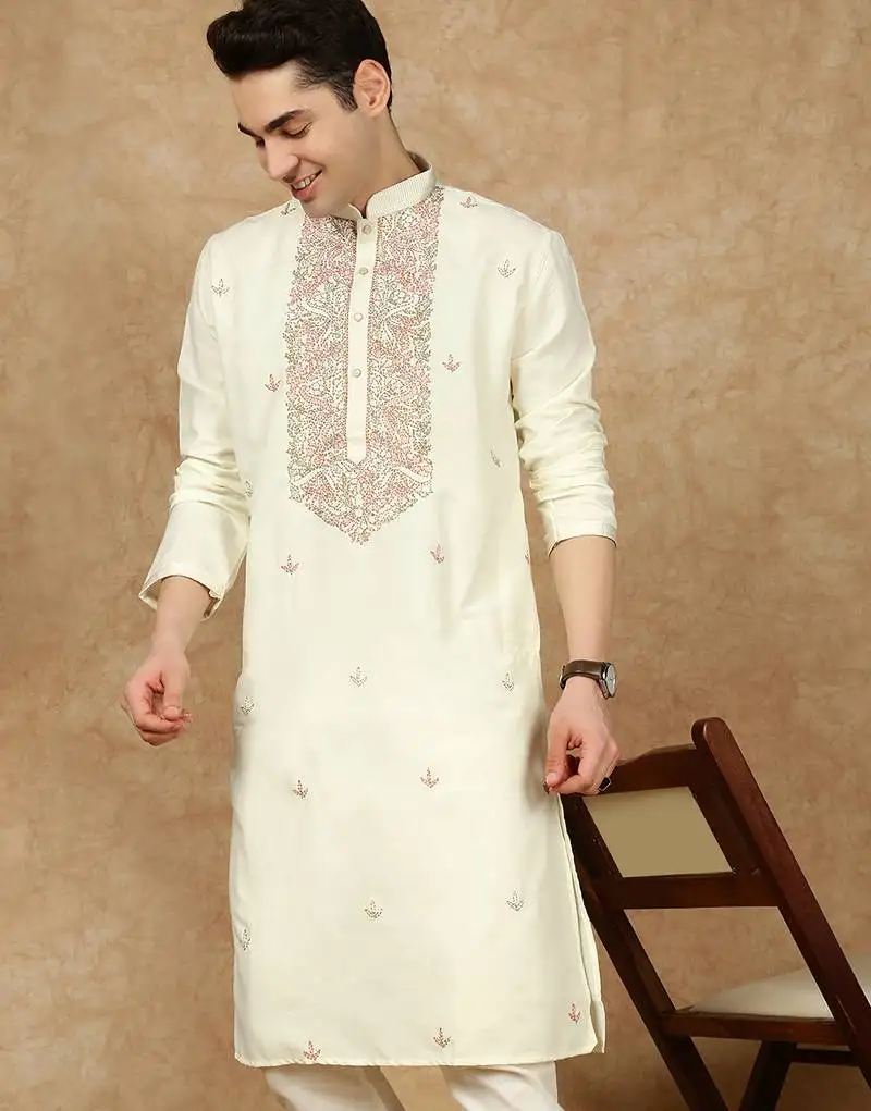 Off white cotton floral kurta for men