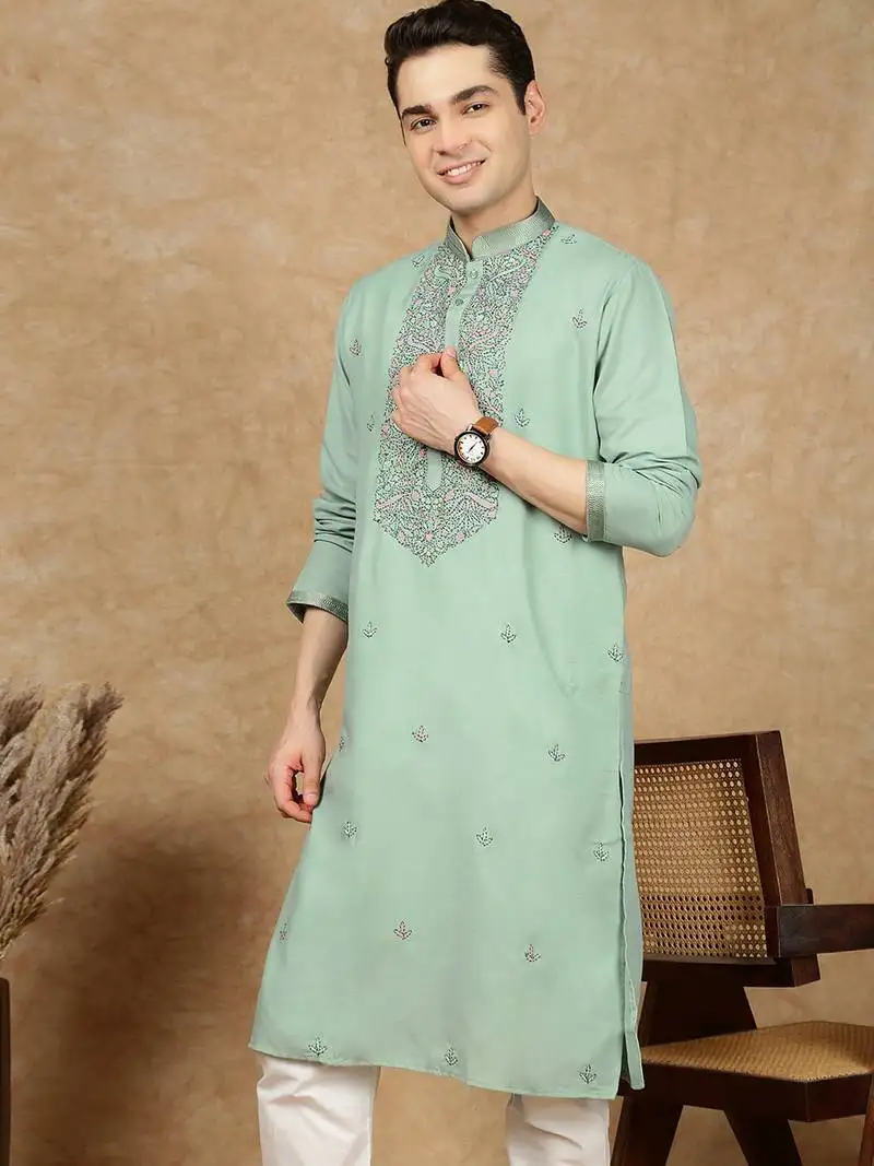 Green cotton floral kurta for men