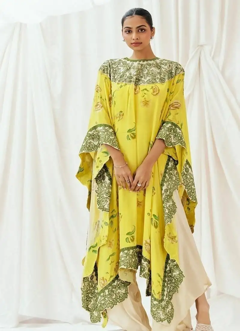 Yellow printed crepe kaftan