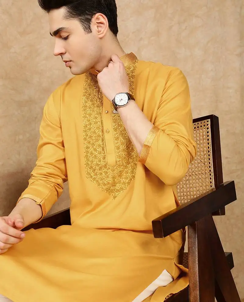 Mustard cotton embroidered kurta for men