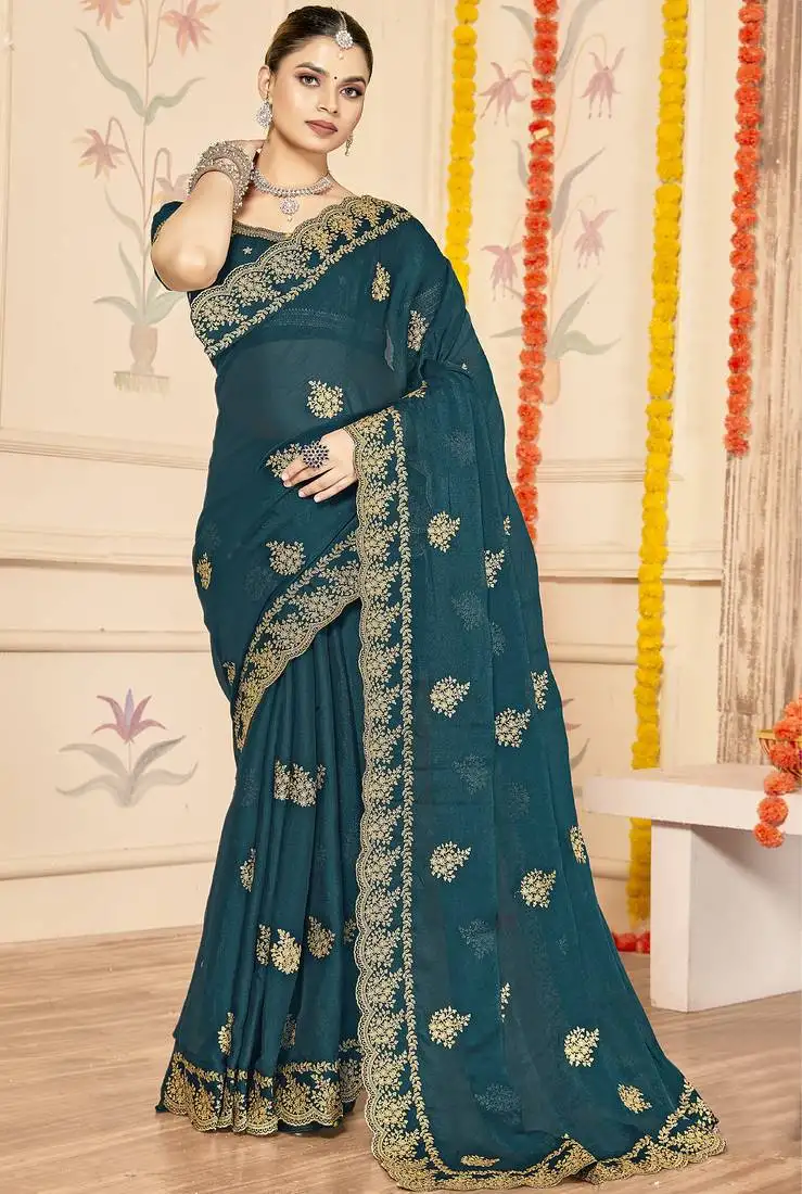 Teal blue zari embroidered sequin work moss silk party wear saree