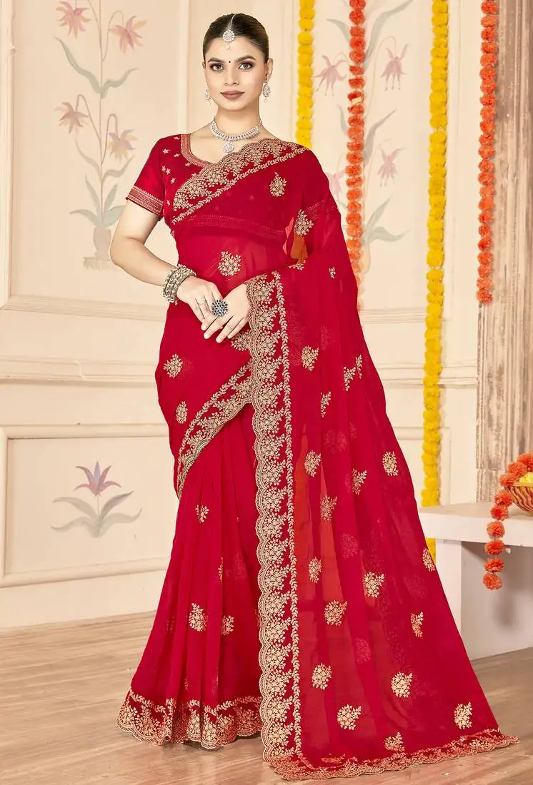 Red zari embroidered sequin work moss silk party wear saree