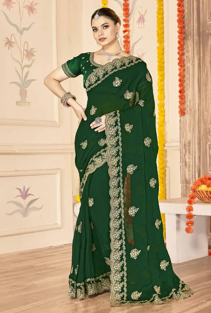 Bottle green zari embroidered sequin work moss silk party wear saree