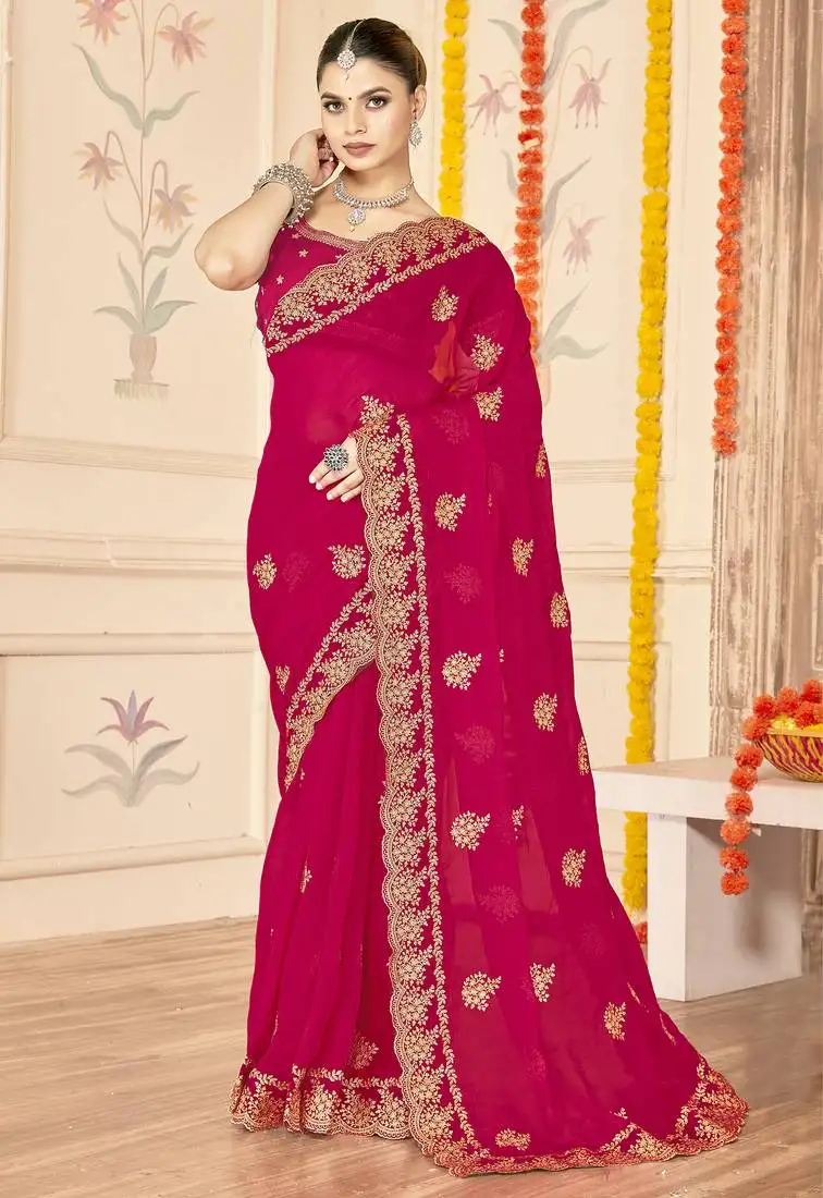Magenta zari embroidered sequin work moss silk party wear saree