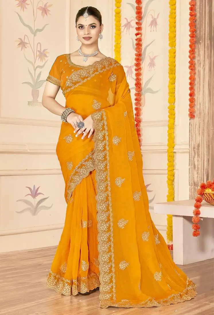 Mustard zari embroidered sequin work moss silk party wear saree