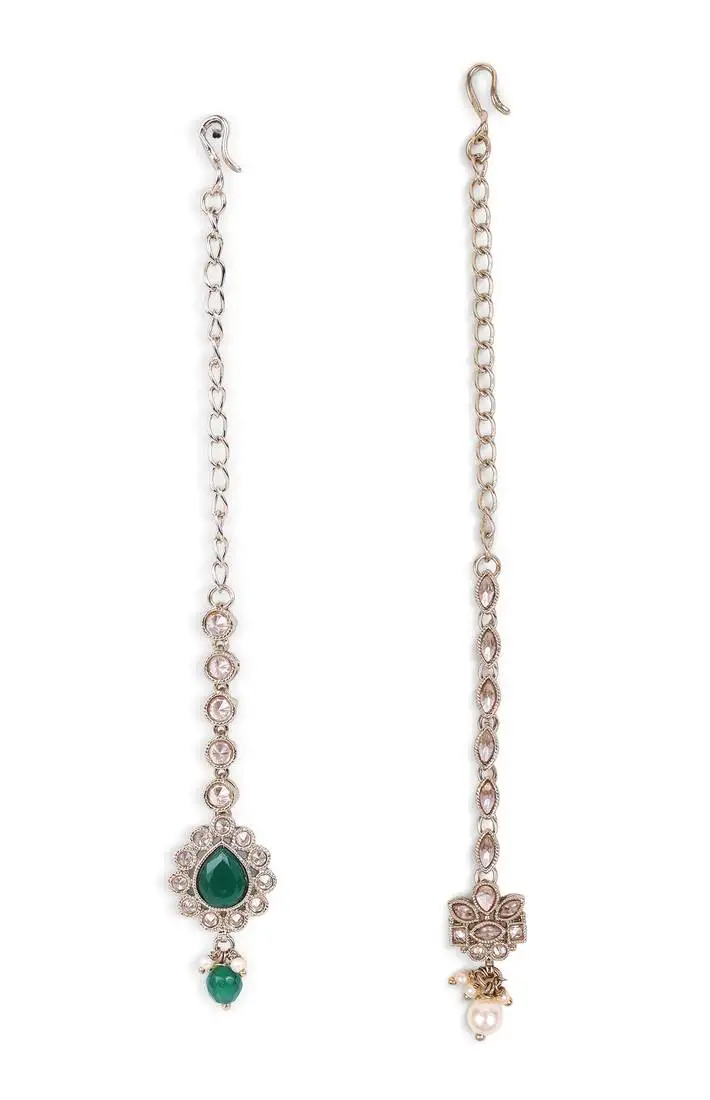 Traditional flower shape and pearl silver gold plated set of 2 combo maang tikka for women