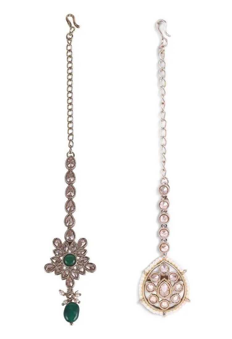 Traditional oval shape silver gold plated set of 2 combo maang tikka for women