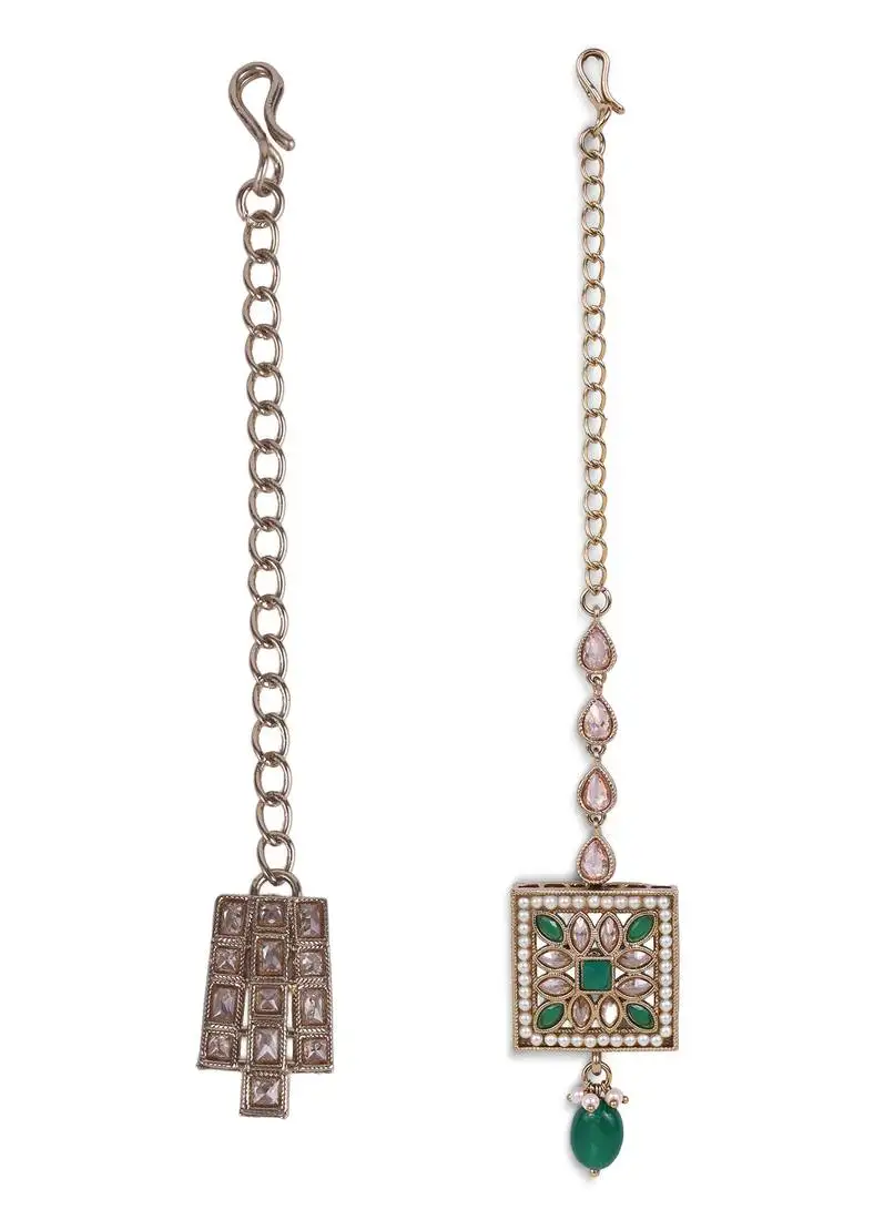 Traditional squire and flower shape silver gold plated set of 2 combo brass maang tikka for women