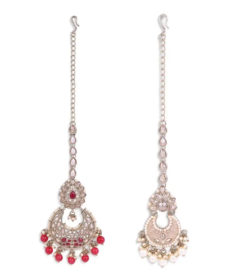 Traditional oval and chandelier shape silver gold plated set of 2 combo maang tikka for women