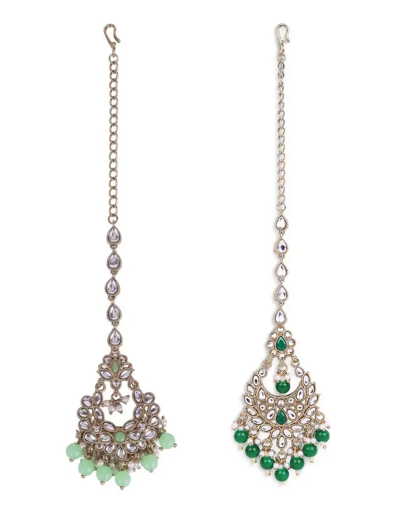 Traditional chandiler and flower shape silver gold plated brass set of 2 combo maang tikka for women