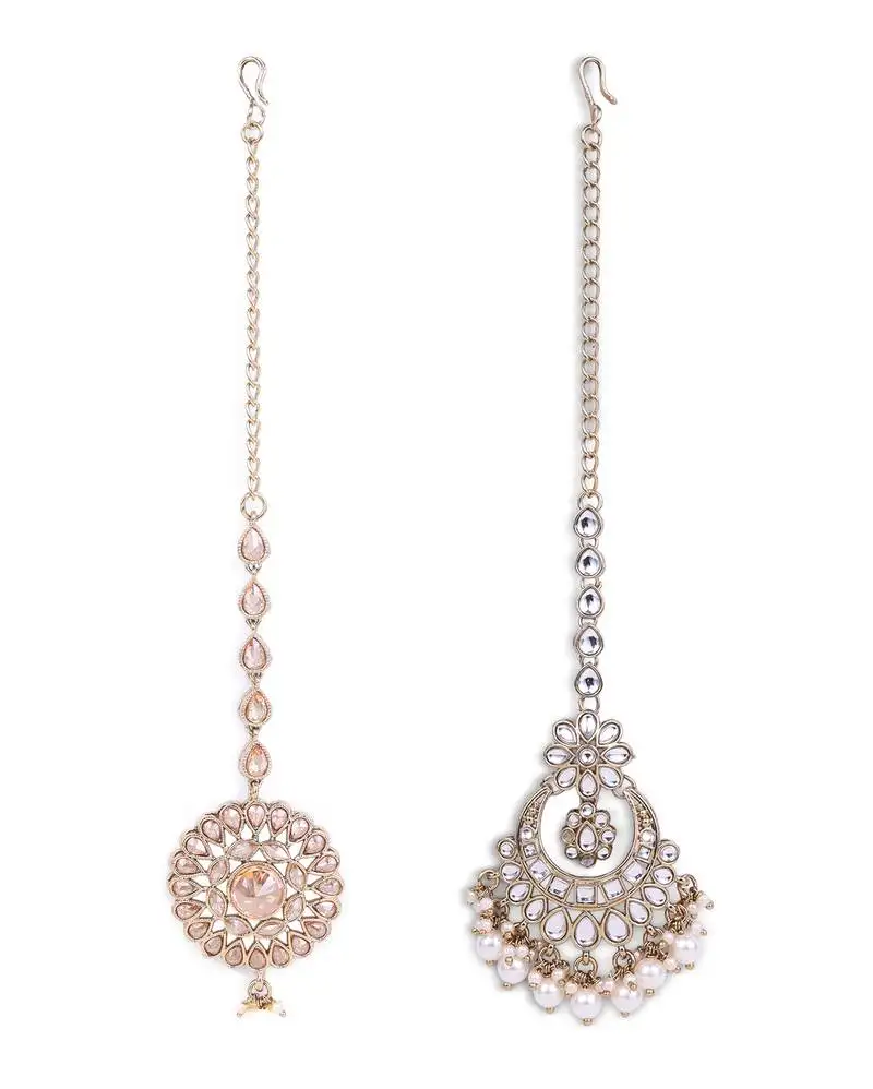 Traditional chandelier and flower shape silver gold plated set of 2 combo maang tikka for women