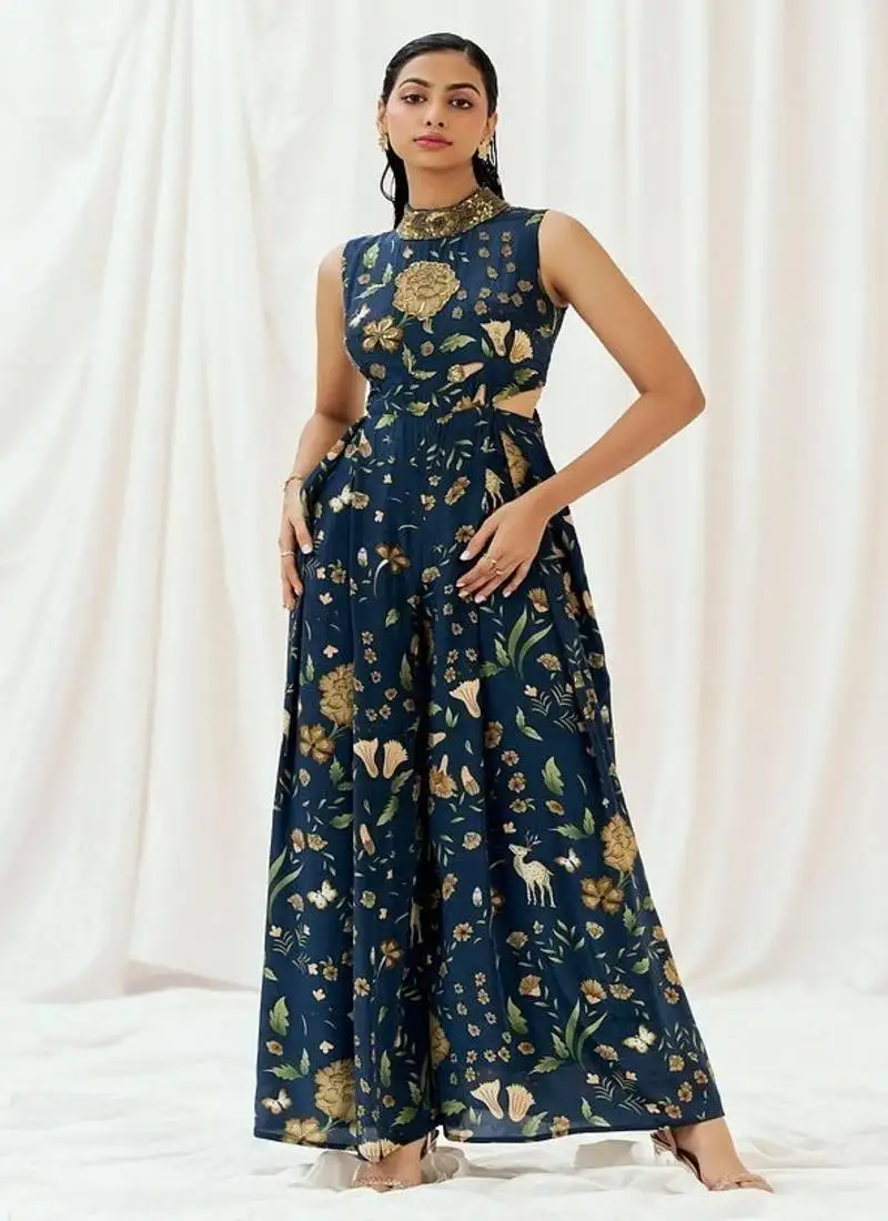 Navy blue printed crepe jumpsuit