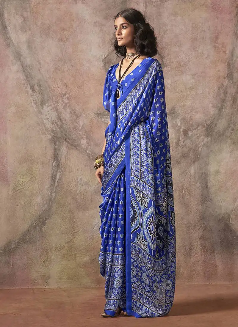Blue color ajrakh print with bandhej pattern satin georgette saree