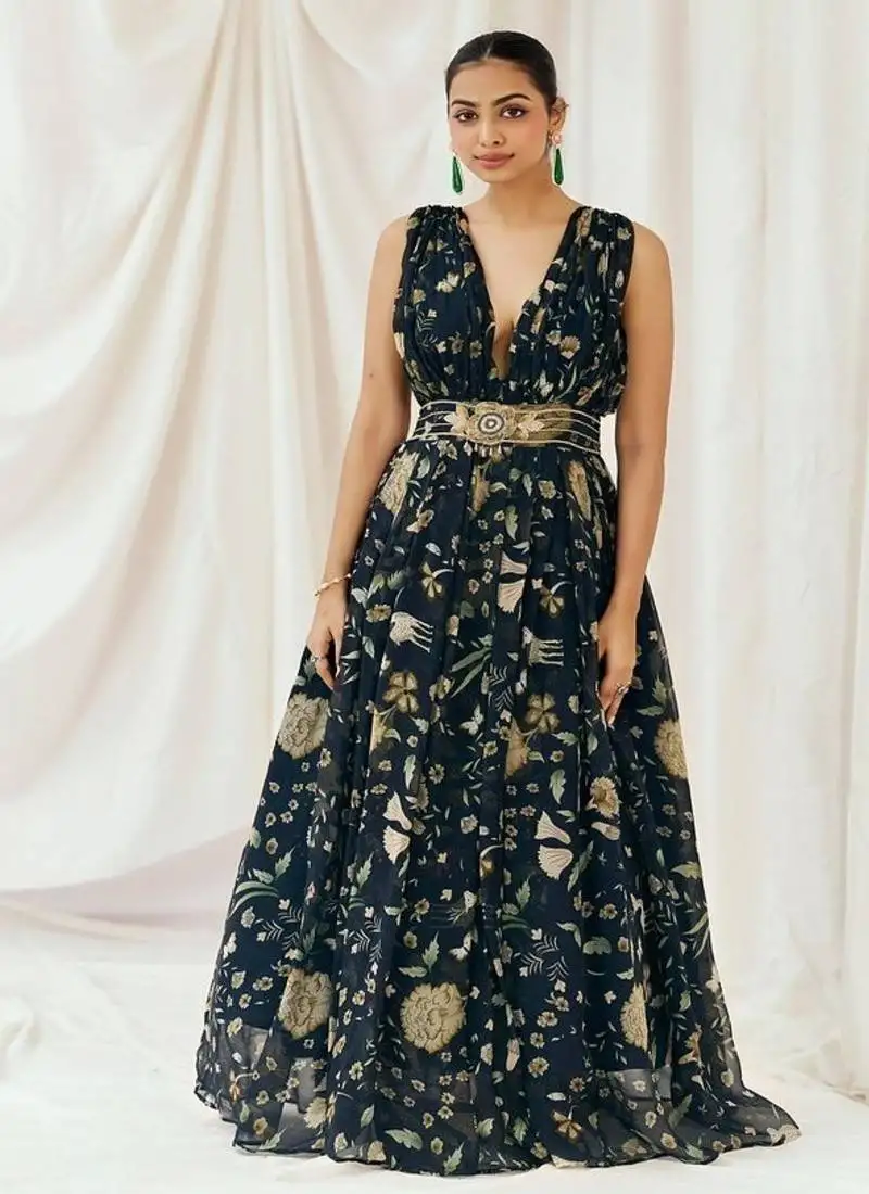 Navy blue printed organza gowns