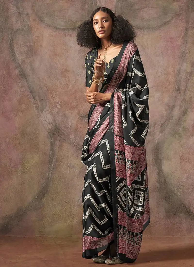 Black color ajrakh print with bandhej pattern satin georgette saree