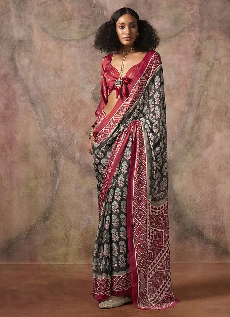 Black & red color ajrakh print with bandhej pattern satin georgette saree