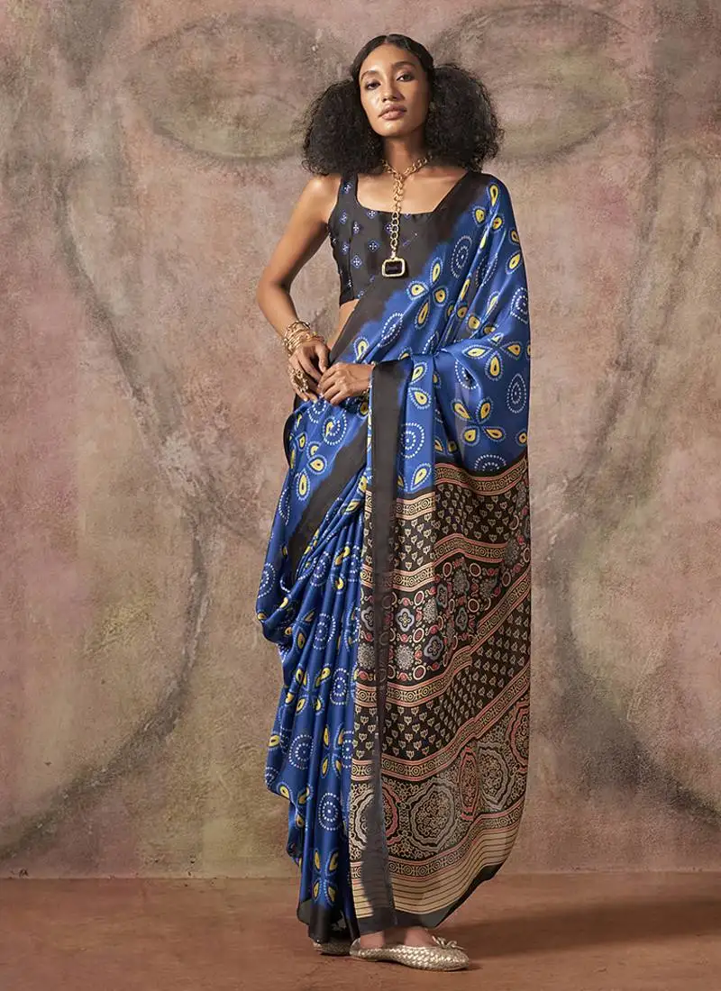 Blue & black color ajrakh print with bandhej pattern satin georgette saree
