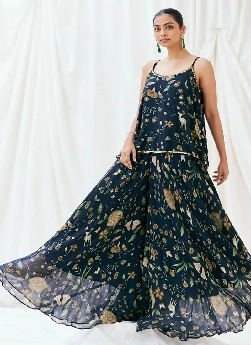 Navy blue printed georgette co ord set