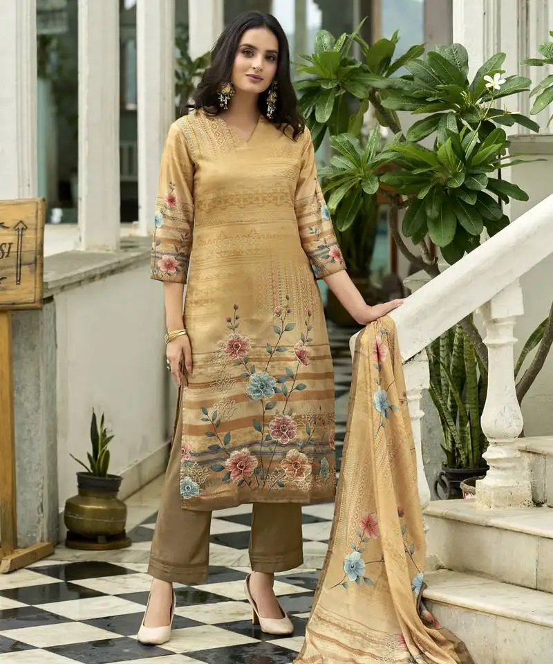Cream ho organza floral printed straight kurta with pant & printed dupatta stitched
