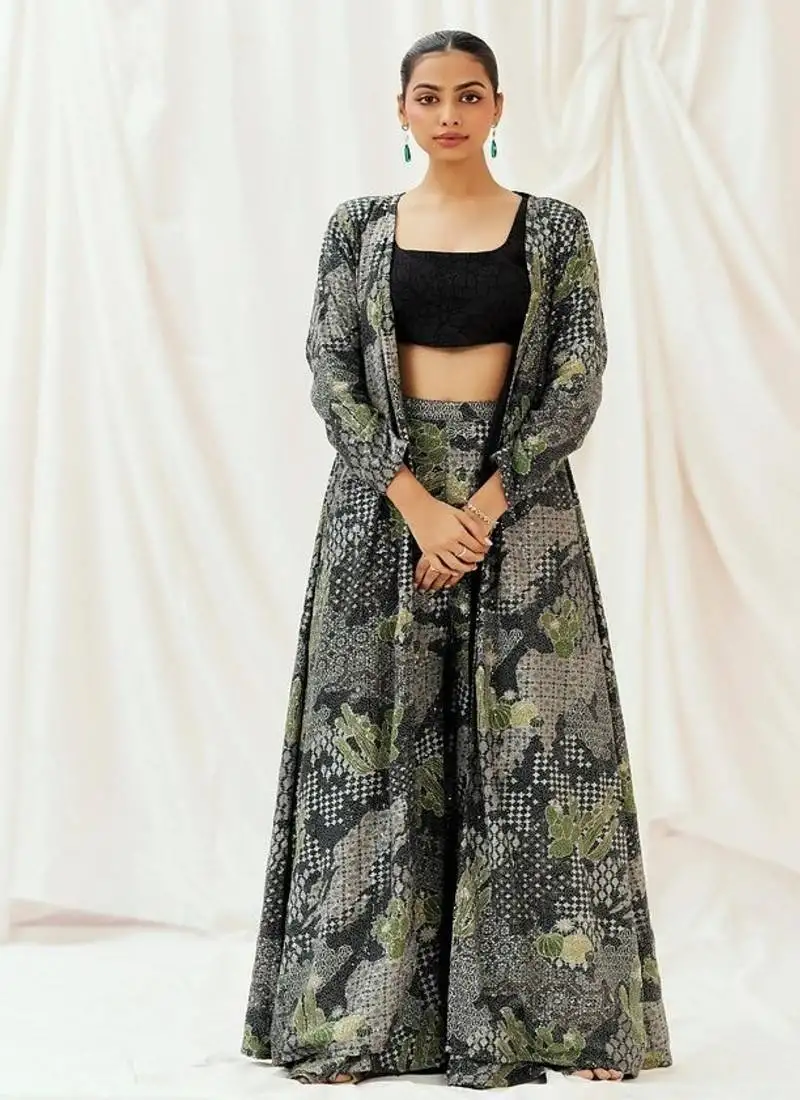 Black embroidered crepe jacket set