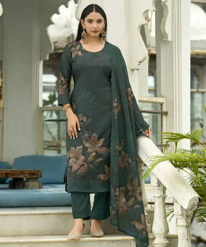 Dark green ho organza floral printed straight kurta with pant & printed dupatta stitched