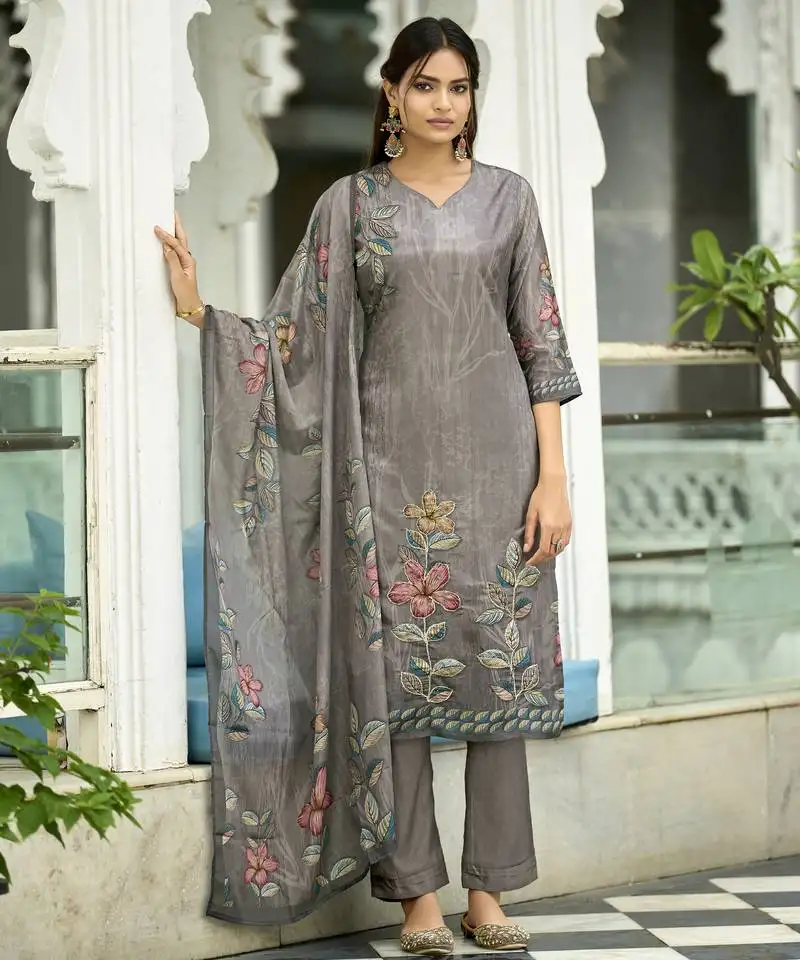 Grey ho organza floral printed straight kurta with pant & printed dupatta stitched