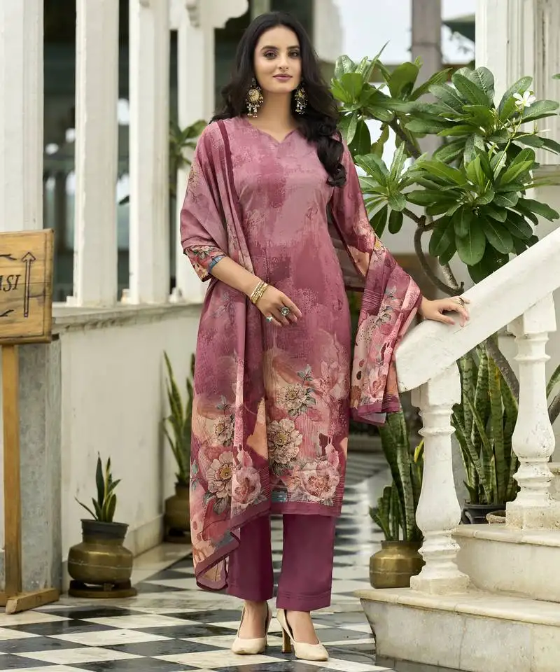 Mauve pink ho organza floral printed straight kurta with pant & printed dupatta stitched