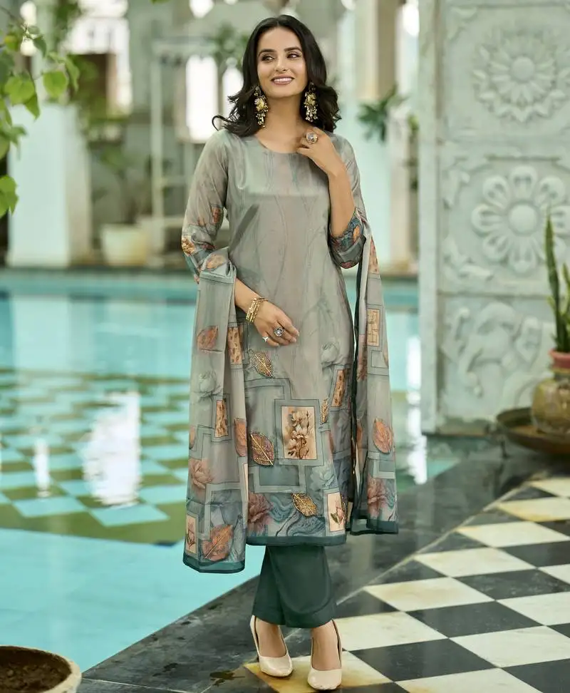 Sea green ho organza floral printed straight kurta with pant & printed dupatta stitched