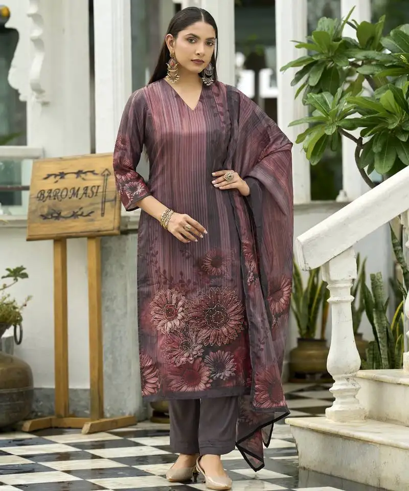 Purple ho organza floral printed straight kurta with pant & printed dupatta stitched