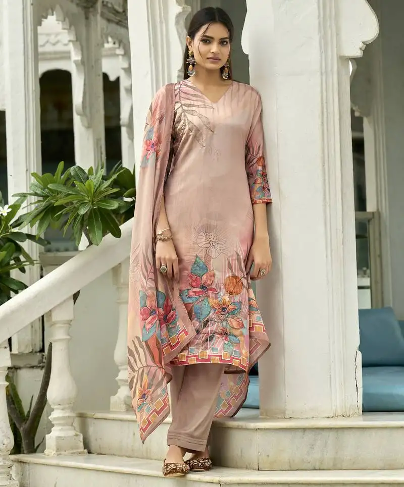 Pink ho organza floral printed straight kurta with pant & printed dupatta stitched